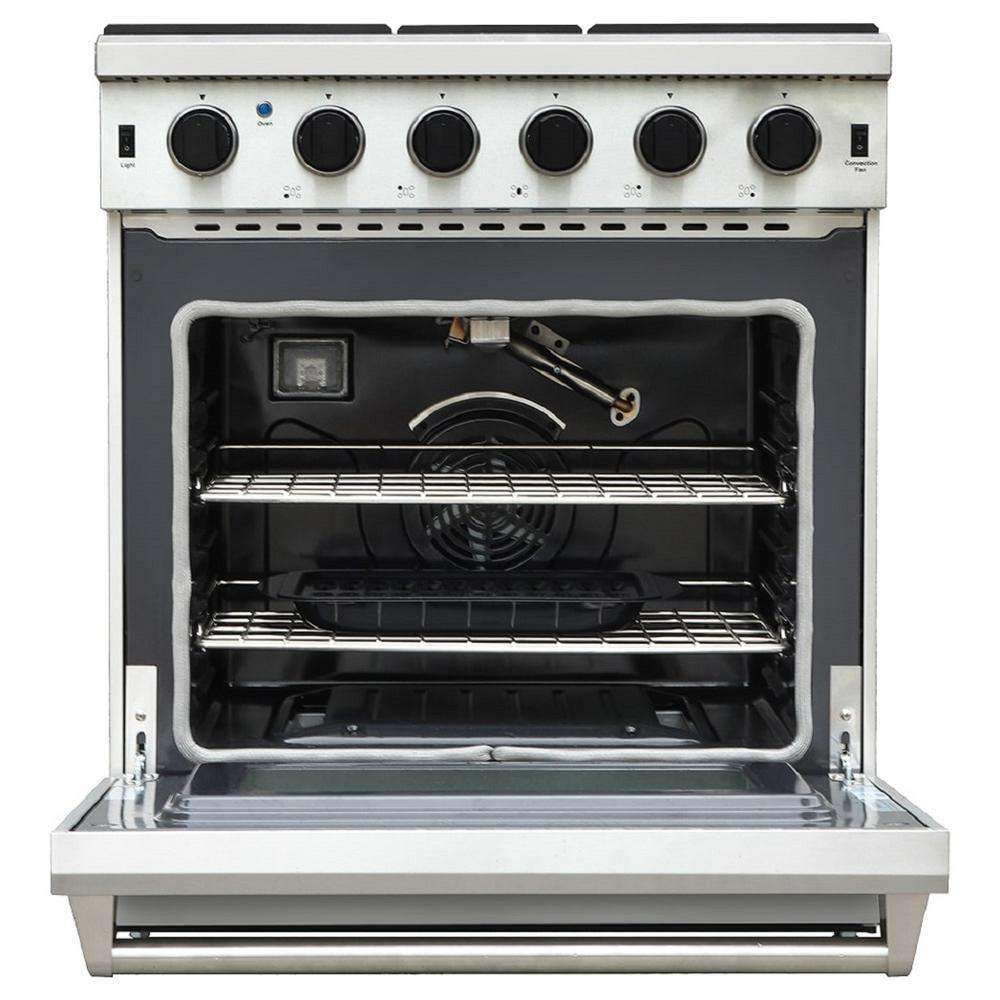 Stainless steel gas oven with open door, racks, and burner igniter