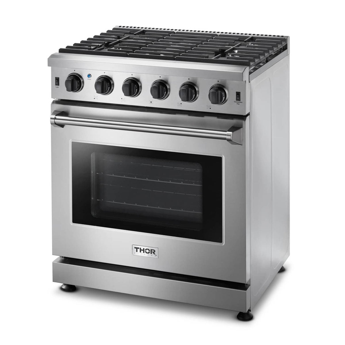 Stainless steel gas range with griddle top, burner knobs, and oven door
