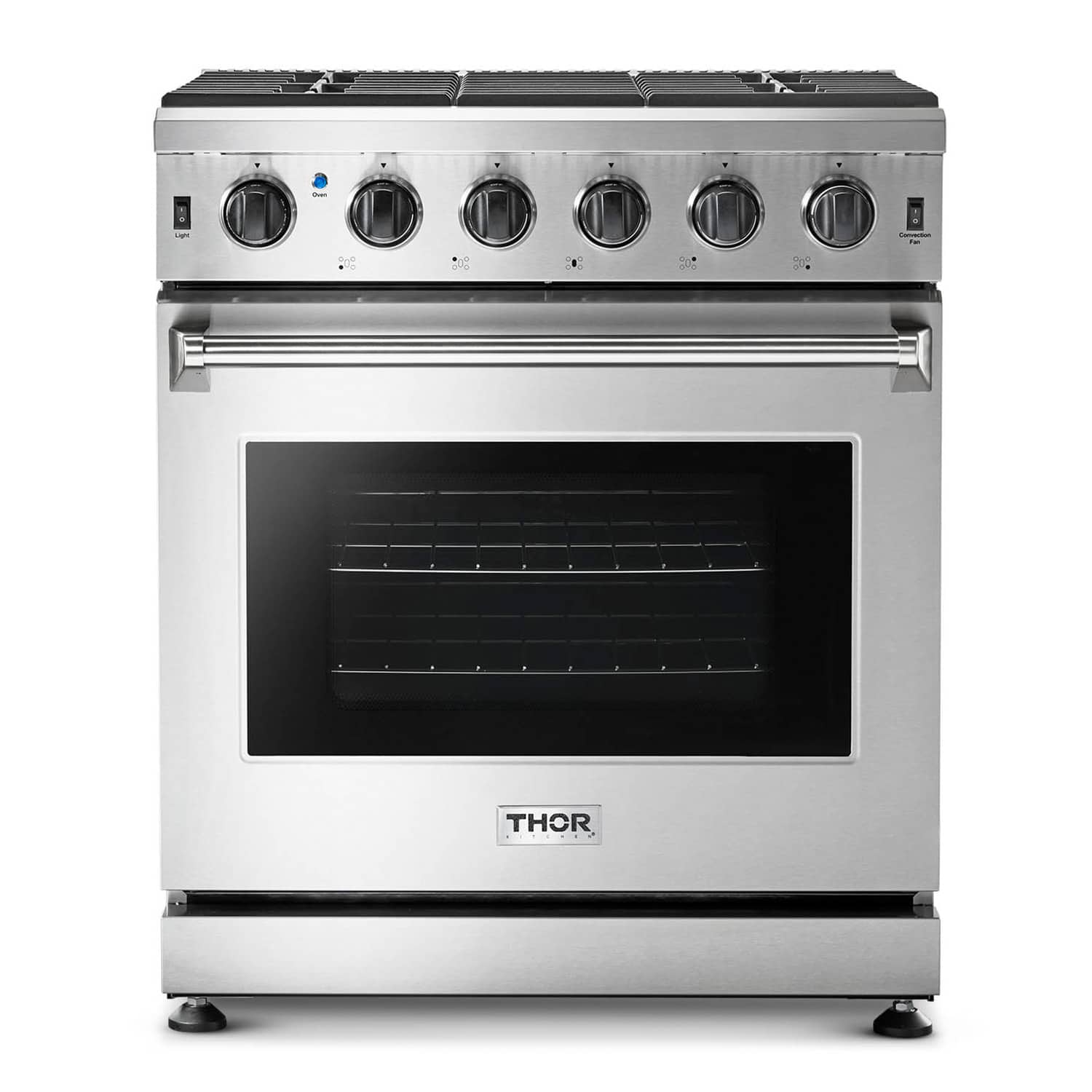 Stainless steel gas range with six control knobs and black oven door window