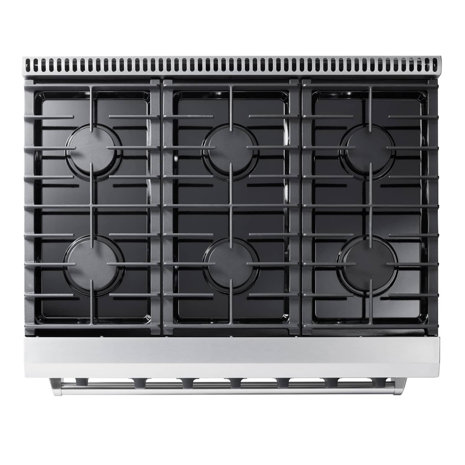 Stainless steel gas cooktop grate layout with four burners and central grates