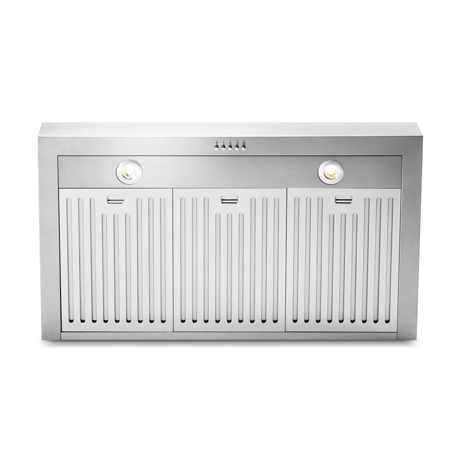 Stainless steel range hood with vented front grille and two round lights