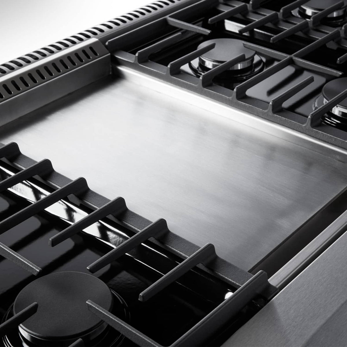 Stainless steel gas range cooktop with black burner grates