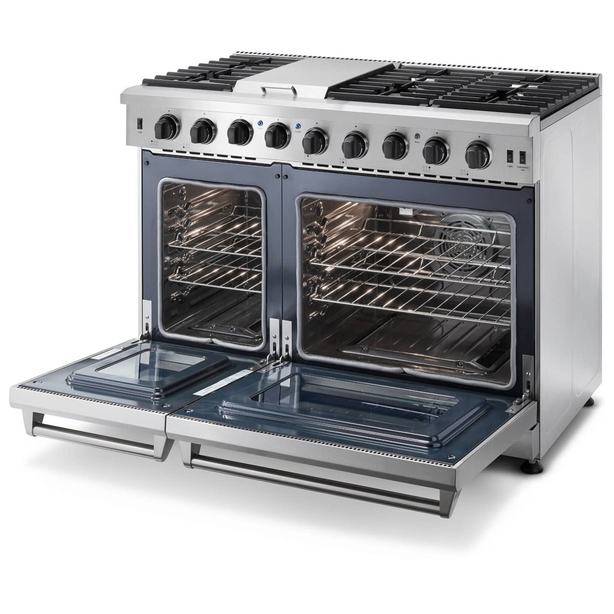 Stainless steel gas range with both oven doors open and wire racks inside