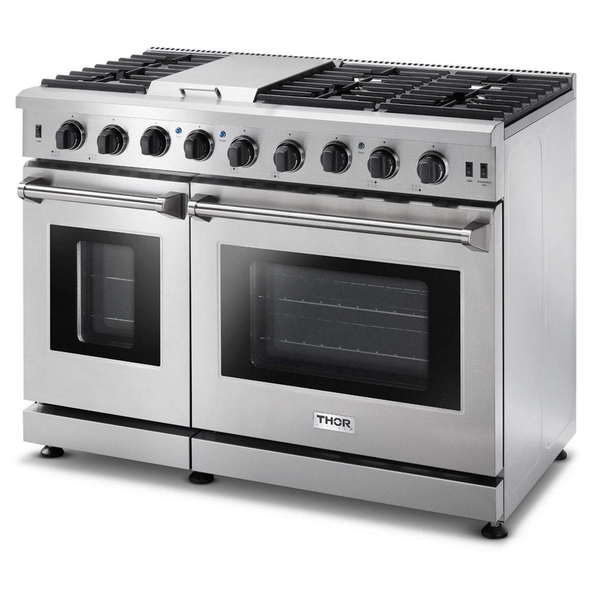 Stainless steel propane gas range with four front control knobs and griddle-ready cooktop