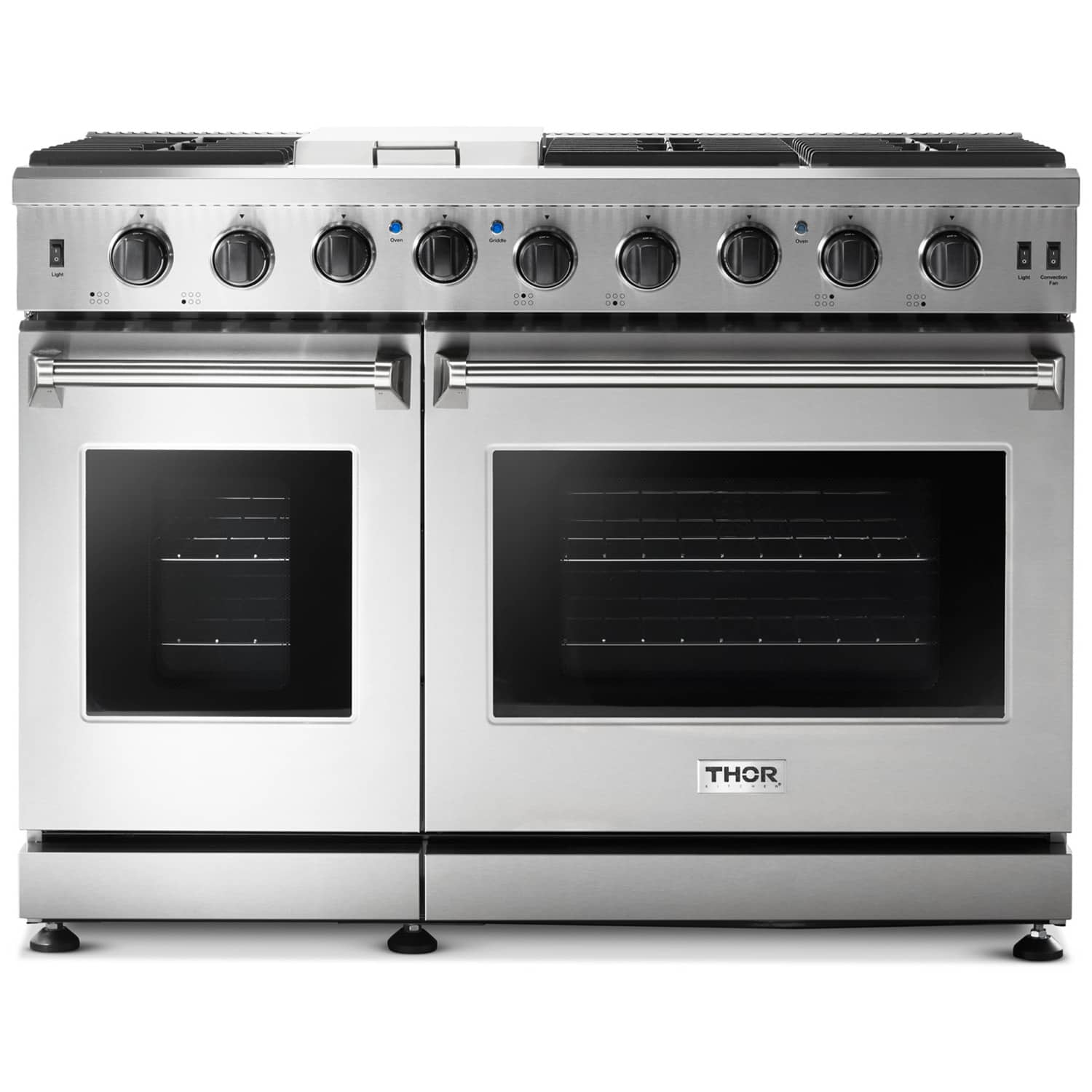 Stainless steel 48-inch gas range with dual oven doors and front control knobs.