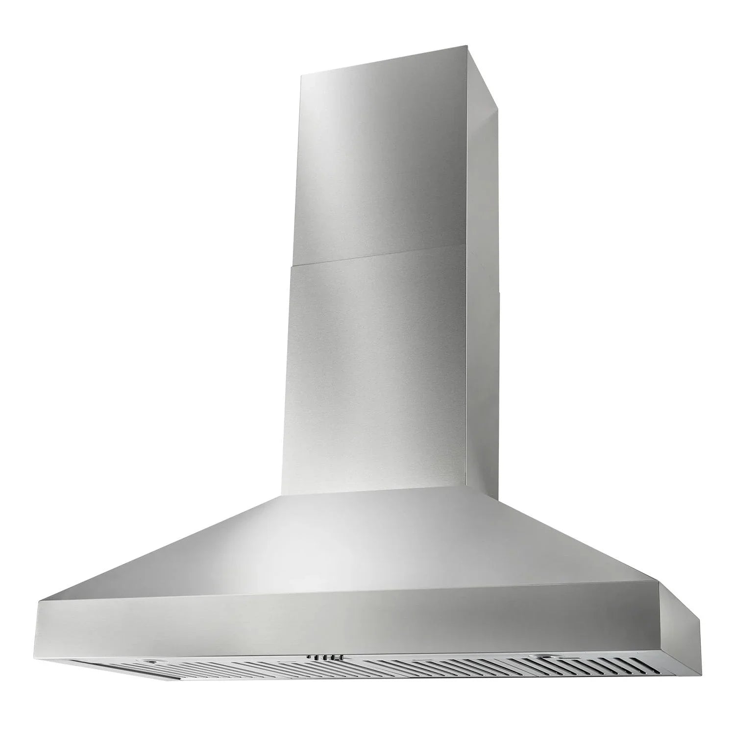 Stainless steel wall-mount range hood shown from an angled side view