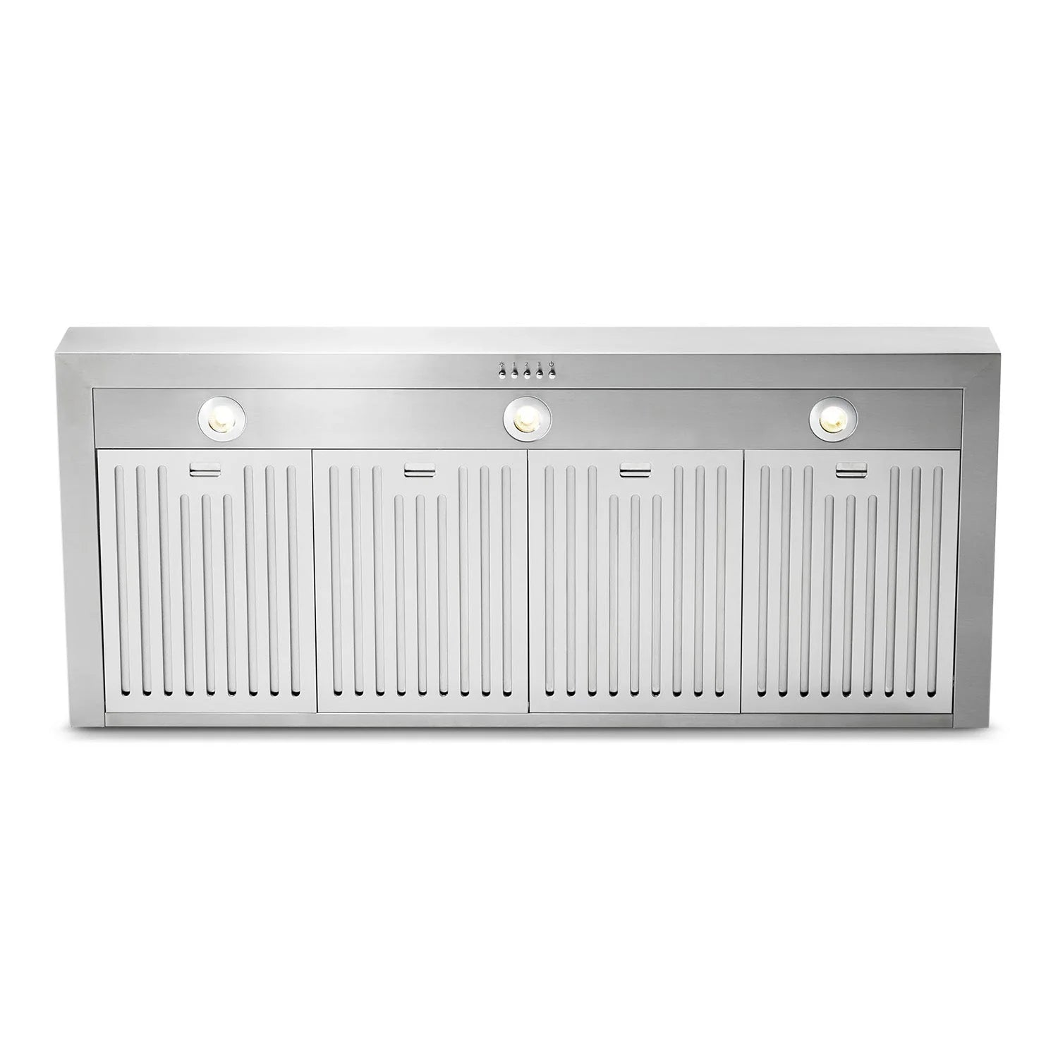 Stainless steel wall mount range hood front panel with vent grilles and indicator lights.