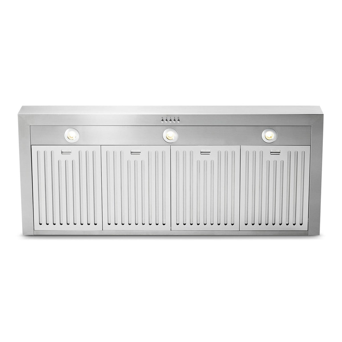 Stainless steel wall range hood with front louvers and three round indicator lights