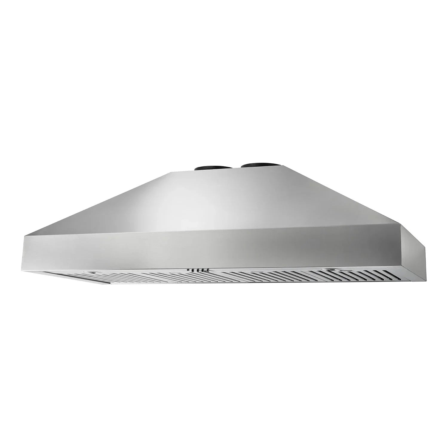 Stainless steel wall-mount range hood front view with vented panel underneath