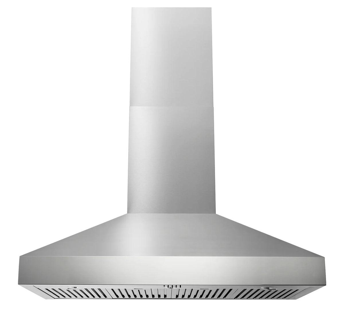 Stainless steel wall mount range hood with flared canopy and vented base