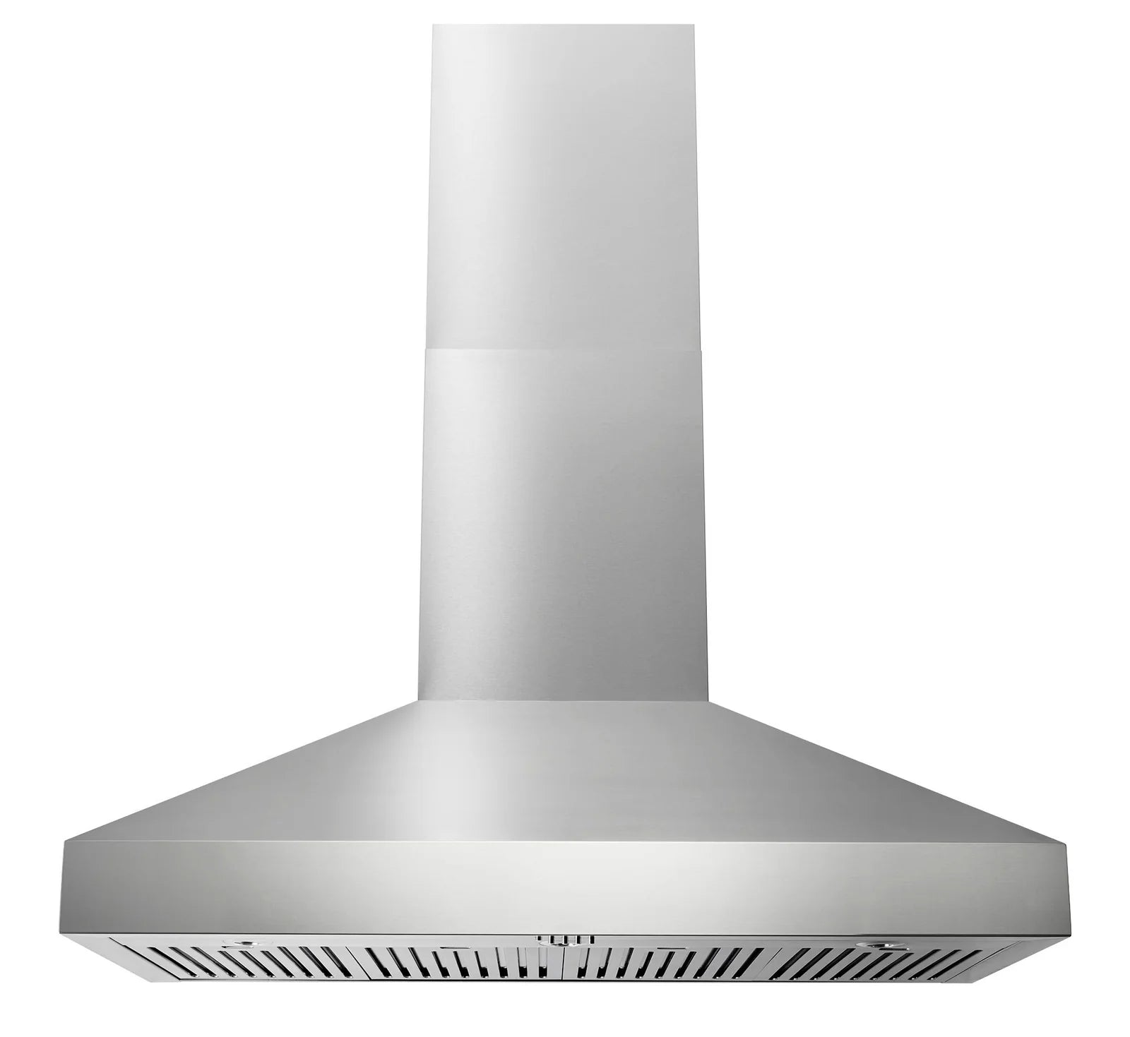 Stainless steel wall-mount range hood with flared canopy and chimney