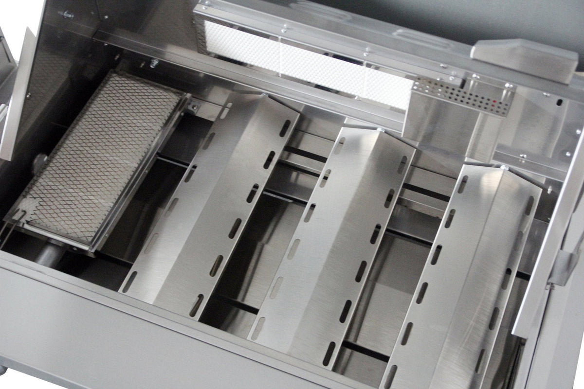 Gas grill firebox with metal heat shields and cooking grate supports inside