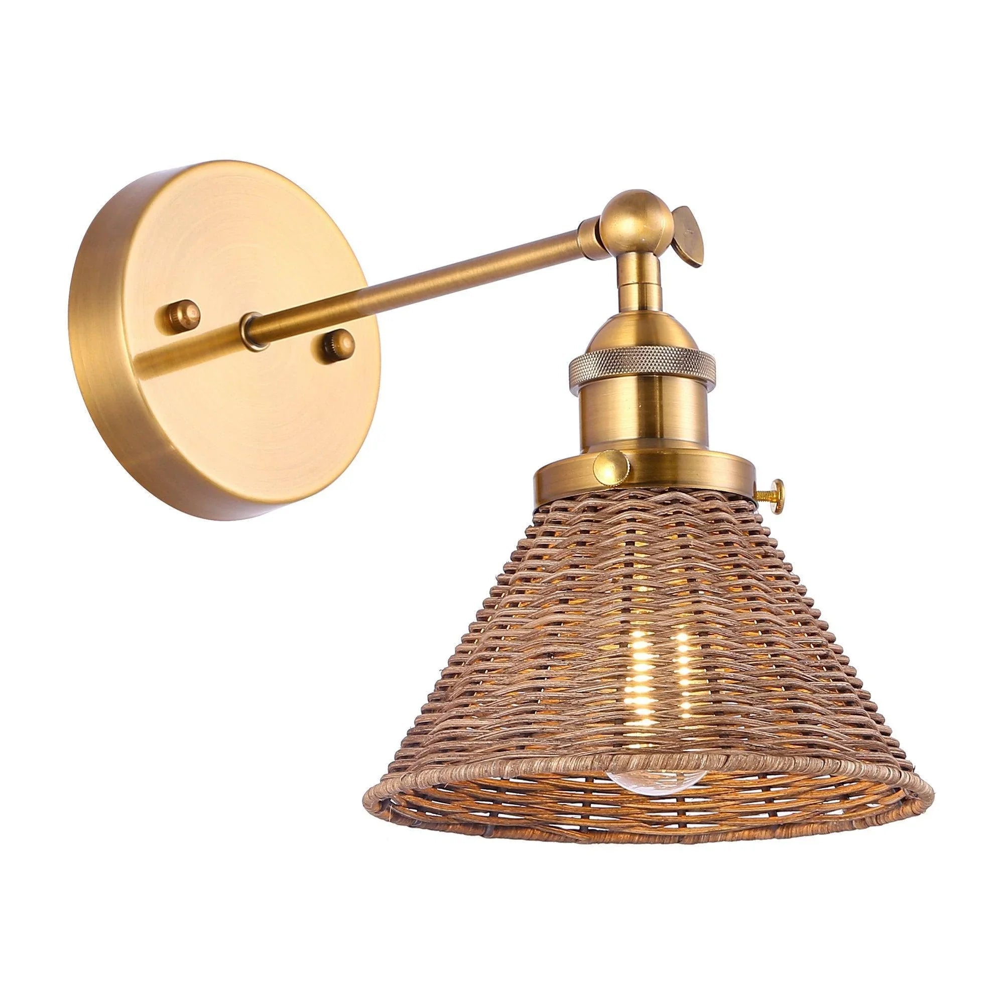 Golden 1-light wall light with horizontal arm and rattan cone shade, round baseplate