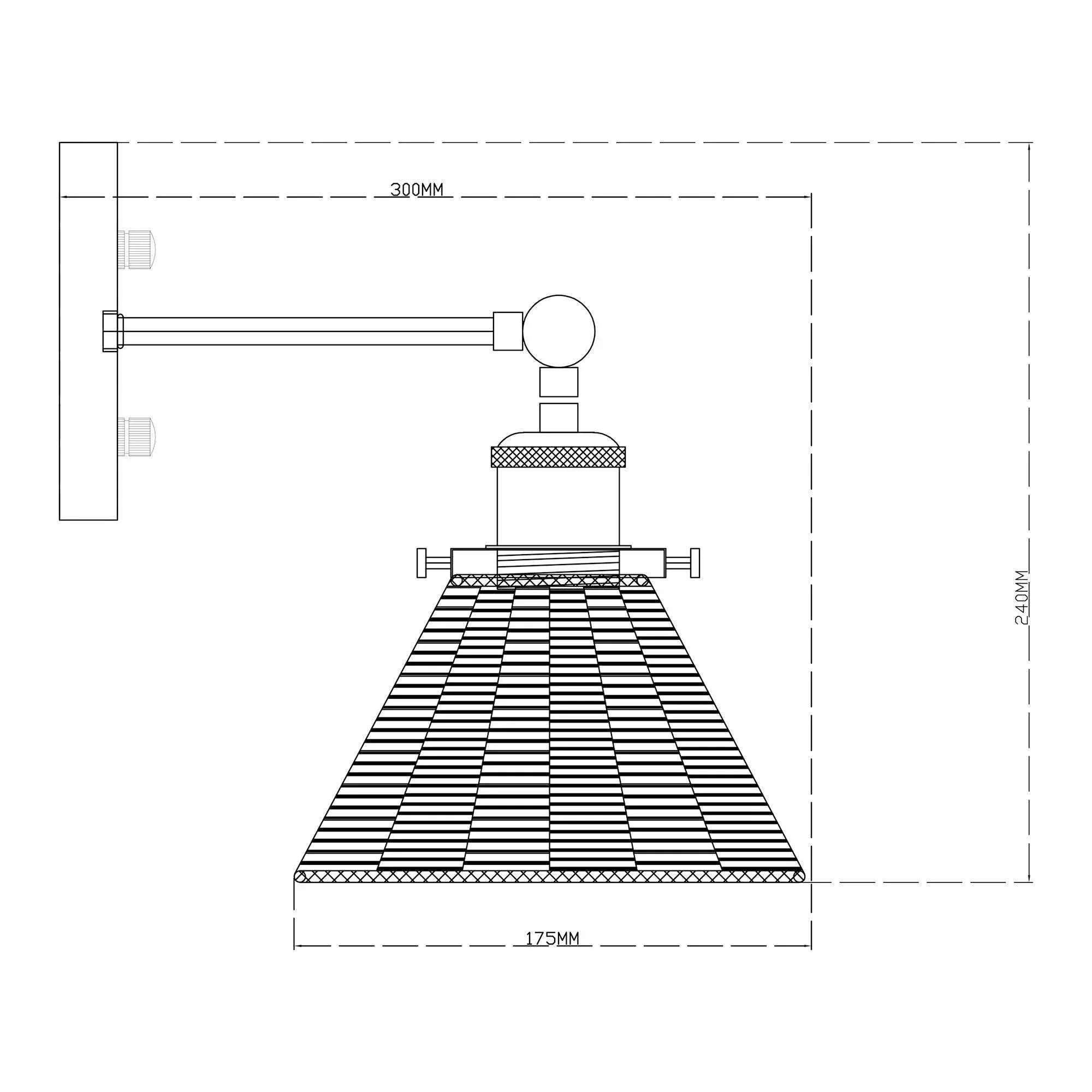 Wall-mounted 1-light lamp diagram with woven shade and labeled measurements