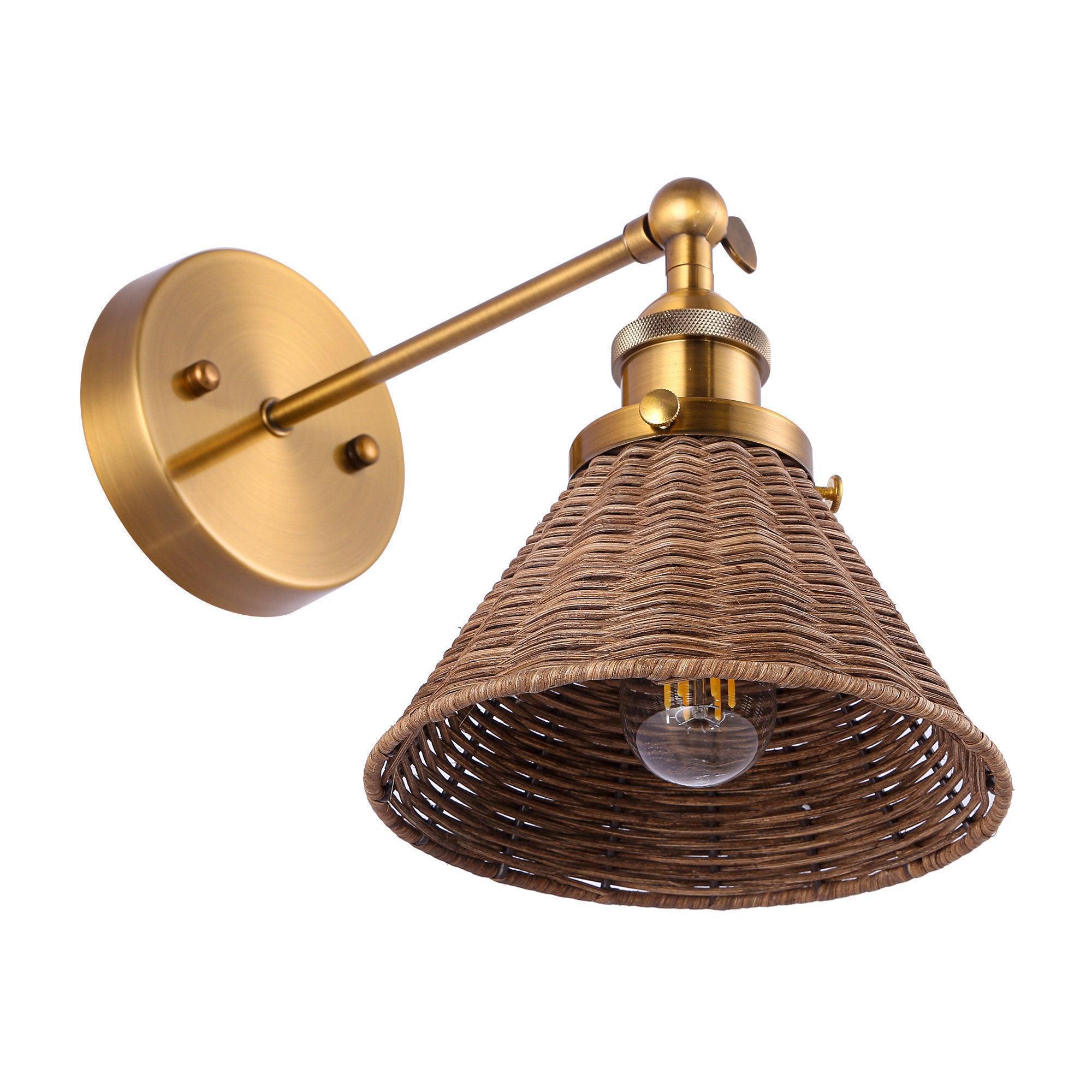Golden 1-light wall sconce featuring rattan cone shade and clear visible bulb
