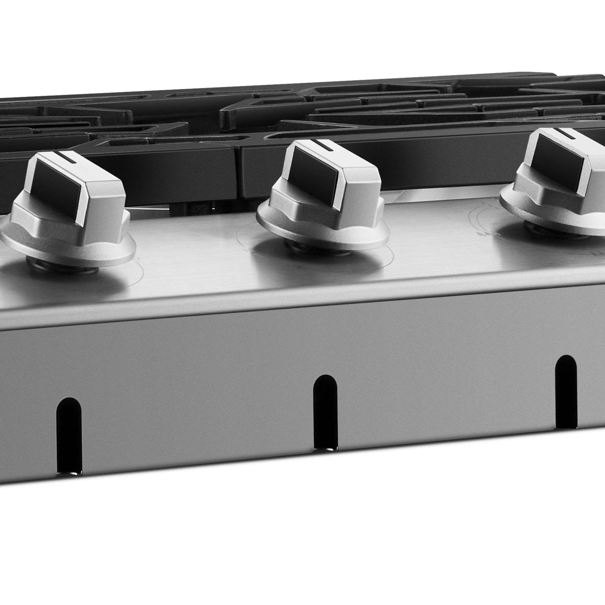 Stainless steel gas cooktop front panel with 5 control knobs and black burner grates