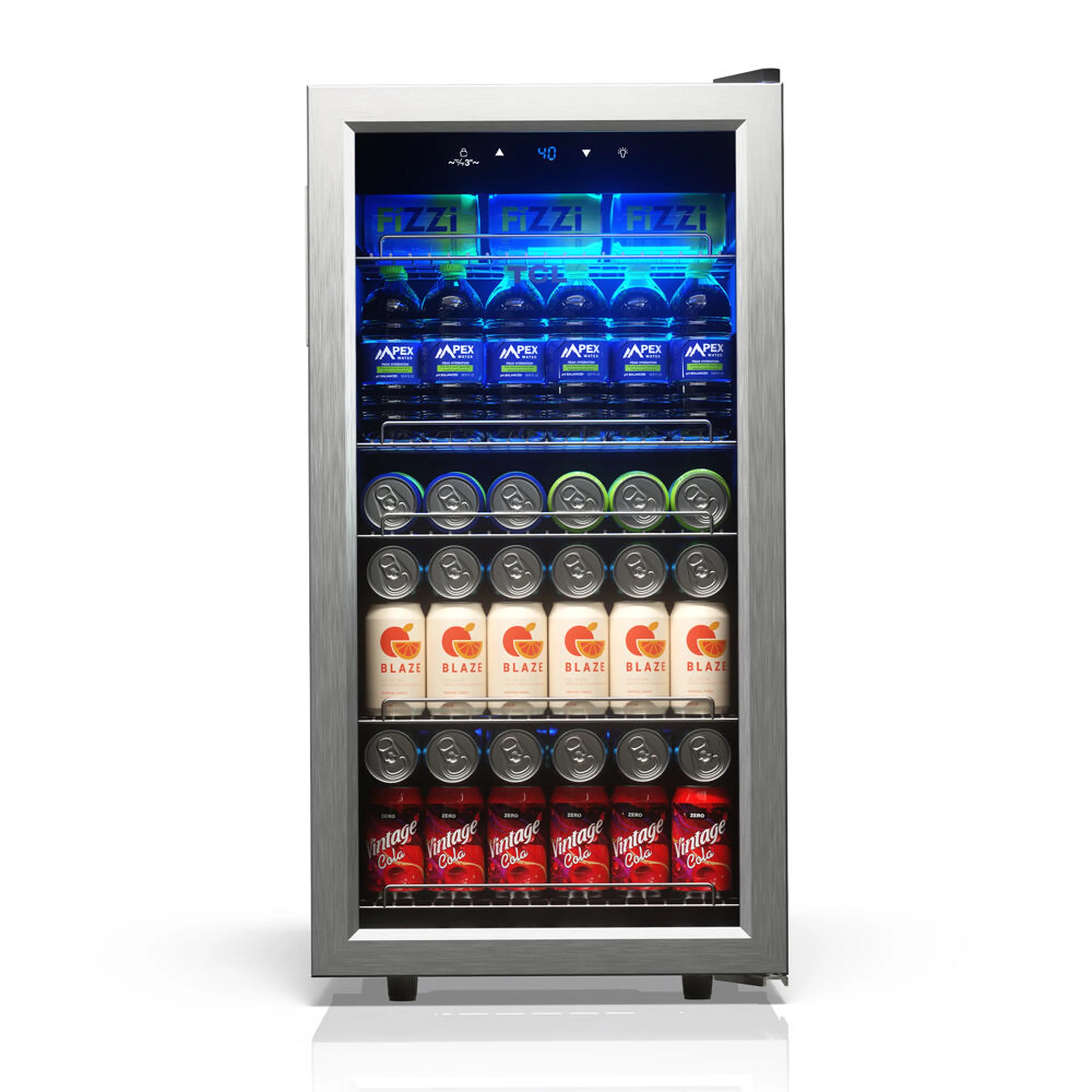 Freestanding beverage cooler with glass door, blue LED light, and can storage shelves