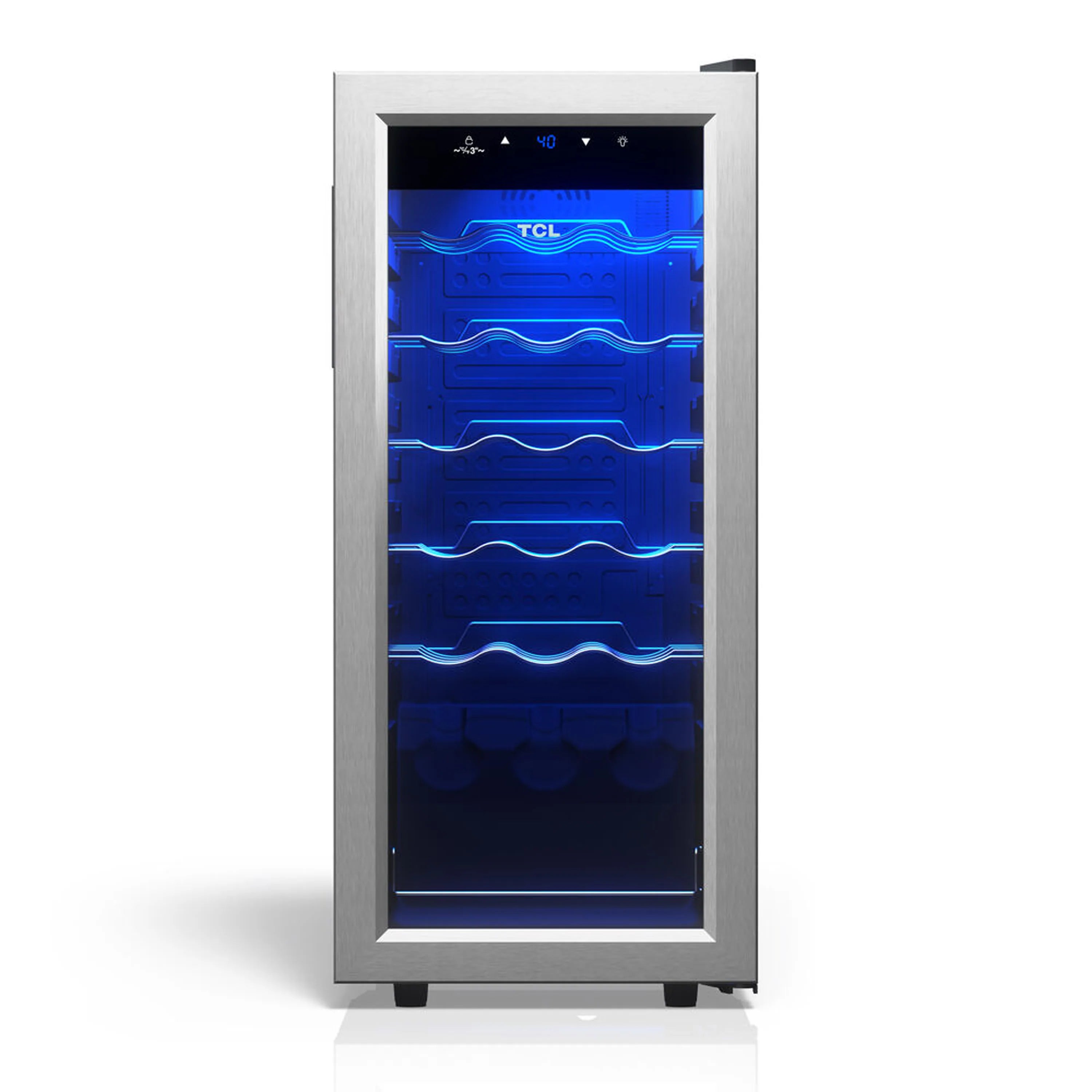 Freestanding wine cooler with glass door and blue LED lighting, holds multiple bottles