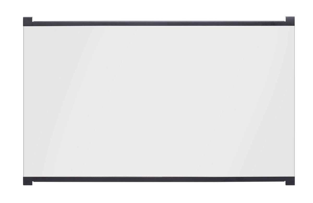 Black-framed tempered glass firebox door for built-in use