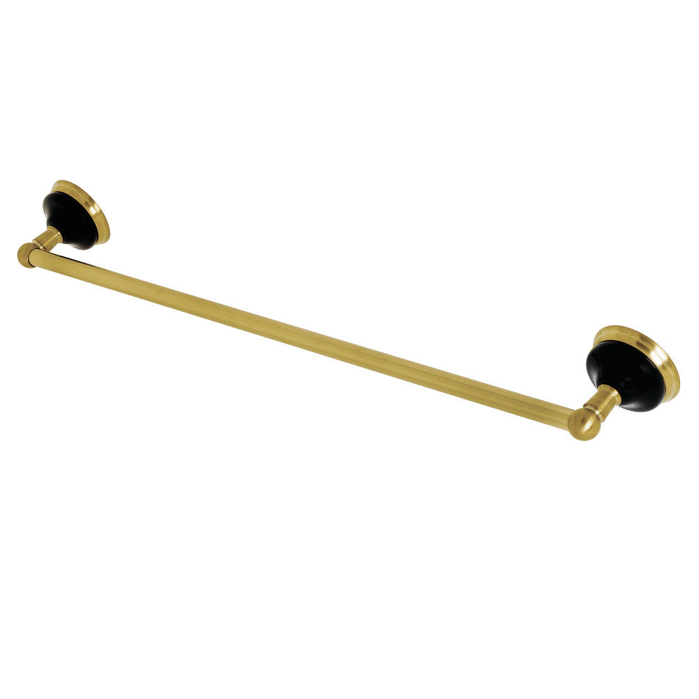 Brushed brass single towel bar with black round end mounting brackets