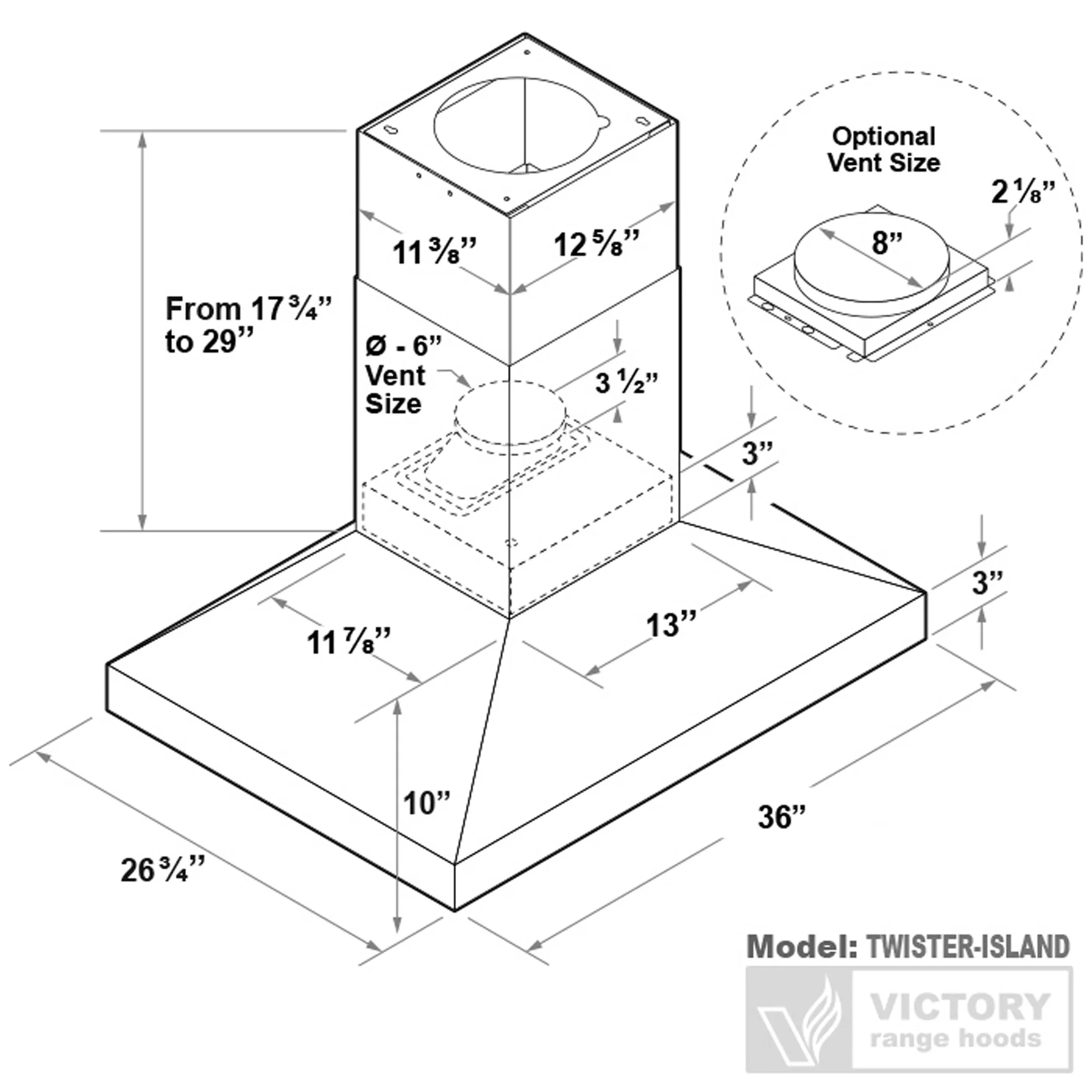 Island range hood dimension diagram with optional vent size measurements