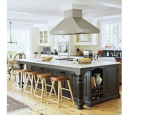Stainless steel island range hood centered above kitchen cooktop area