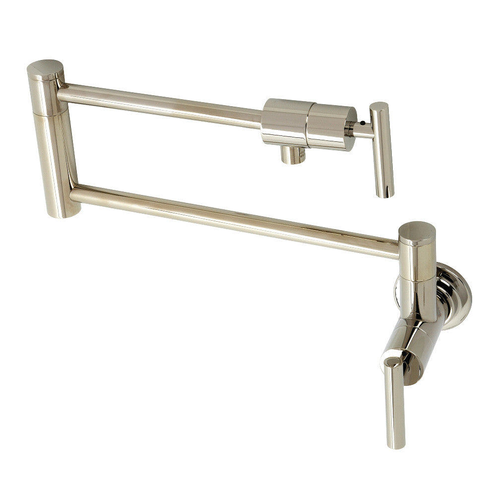 Wall-mount pot filler faucet in polished nickel with crossbar spout and handles