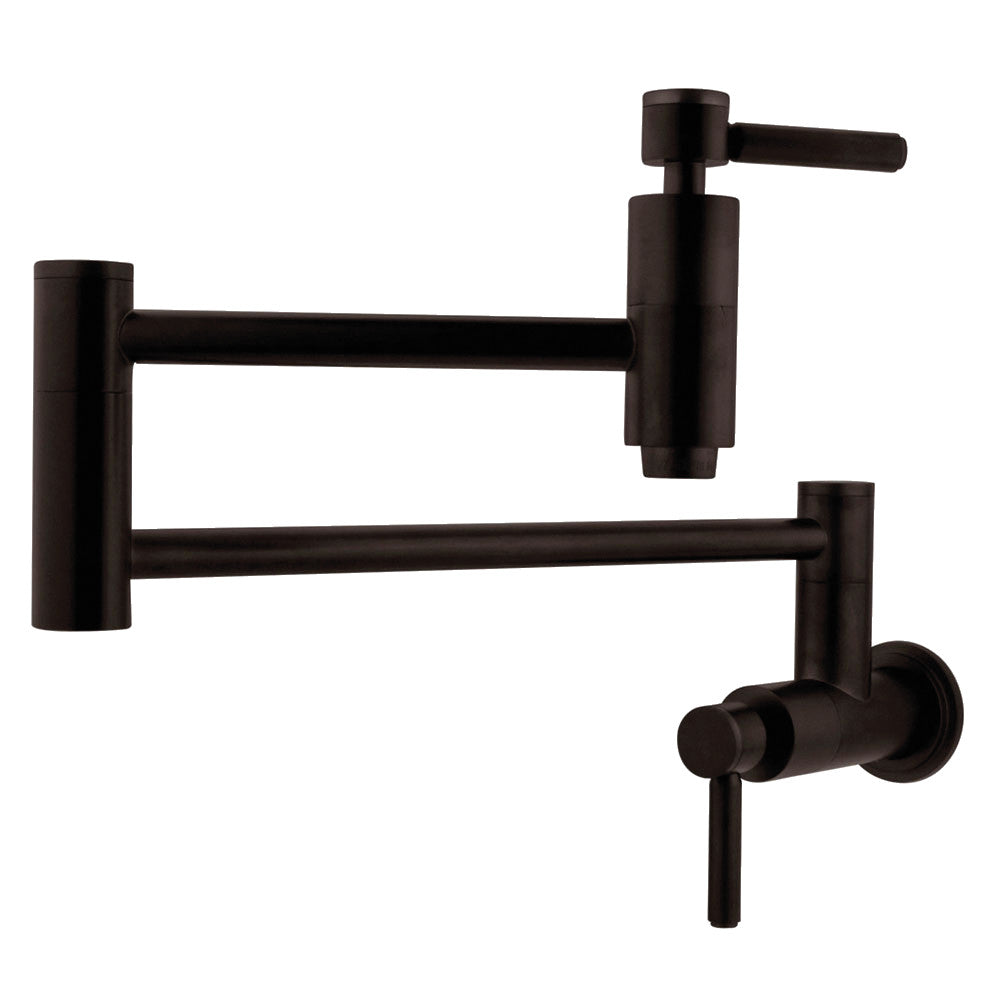 Wall-mount pot filler faucet in oil-rubbed bronze with wall handle and spout