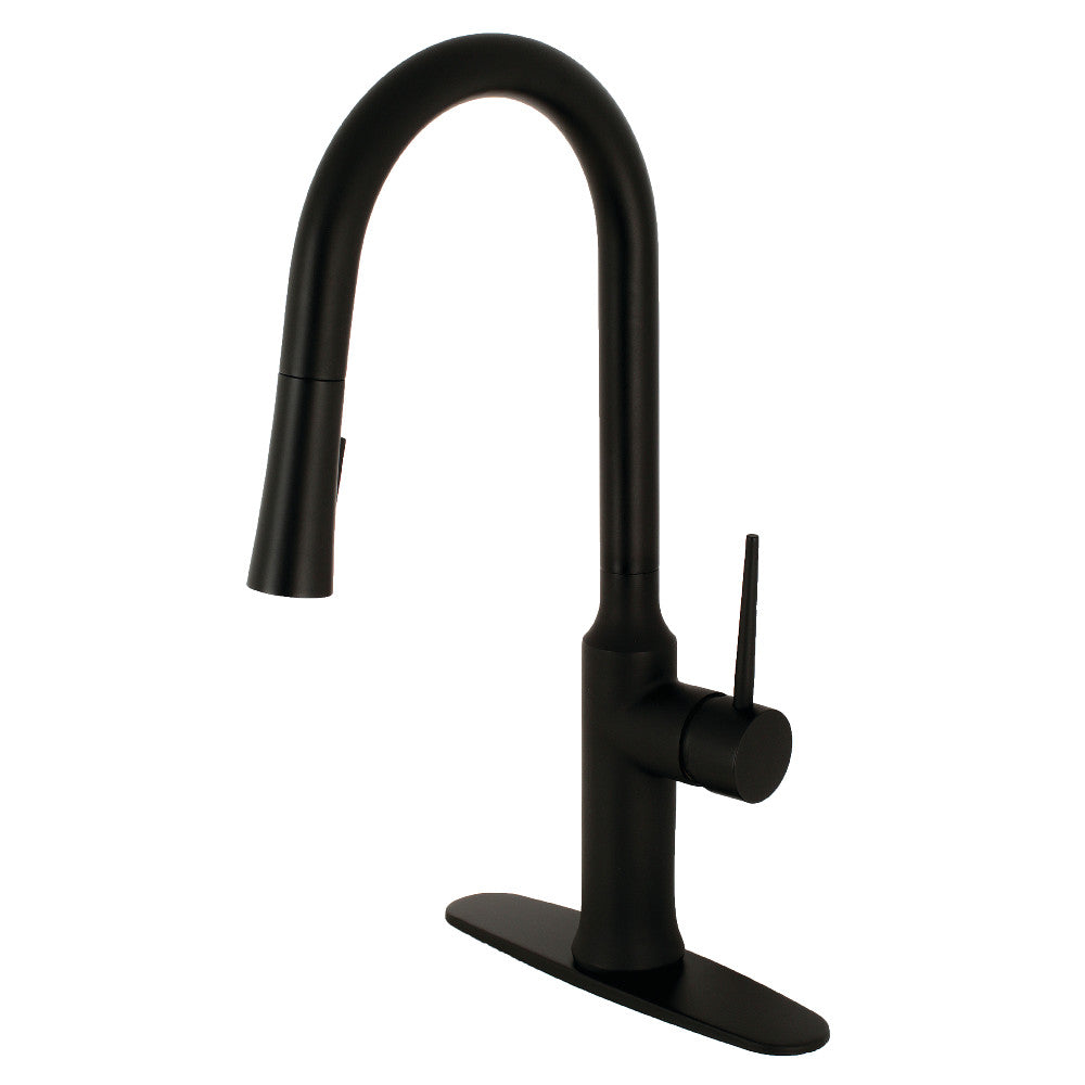 Matte black single-handle pull-down kitchen faucet with arched spout and base