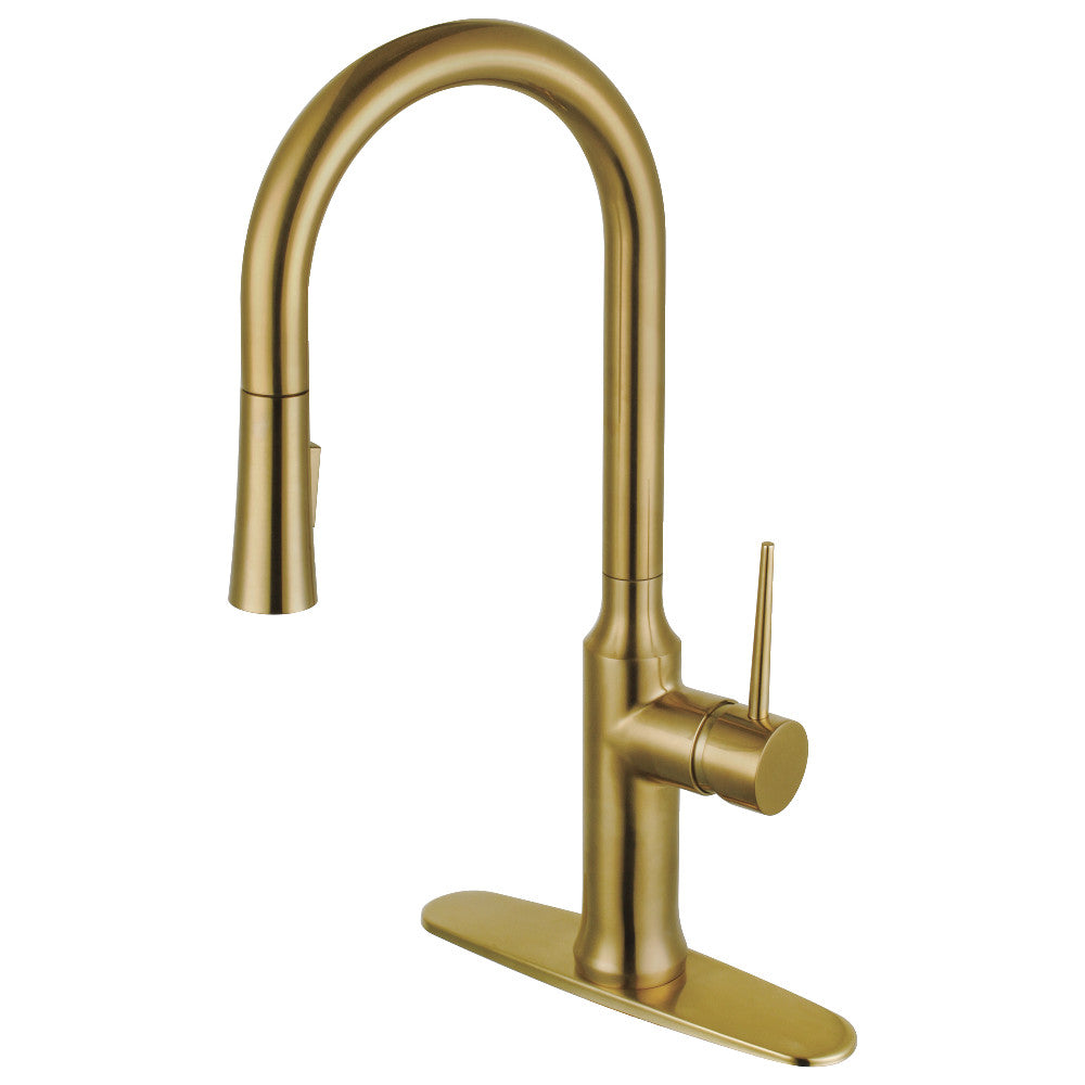 Brushed brass single-handle kitchen faucet with tall arched spout and side handle