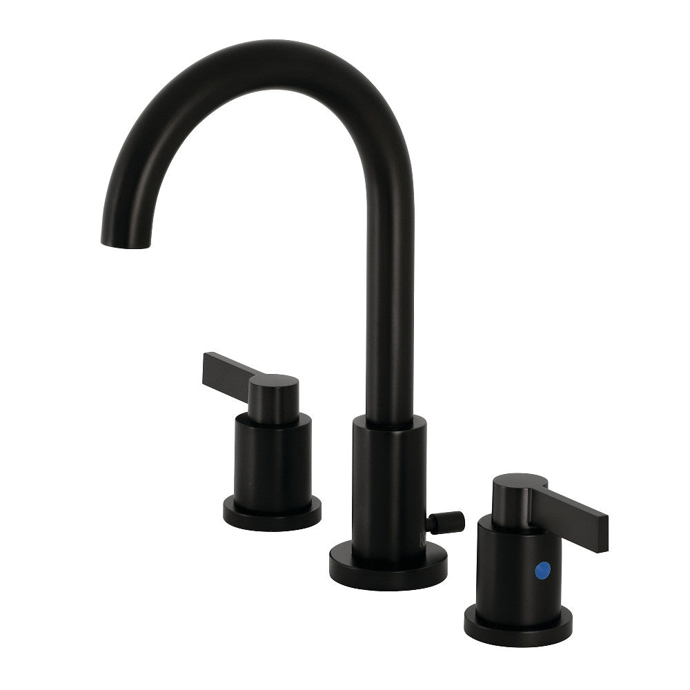 Matte black widespread bathroom faucet with tall arched spout and pop-up
