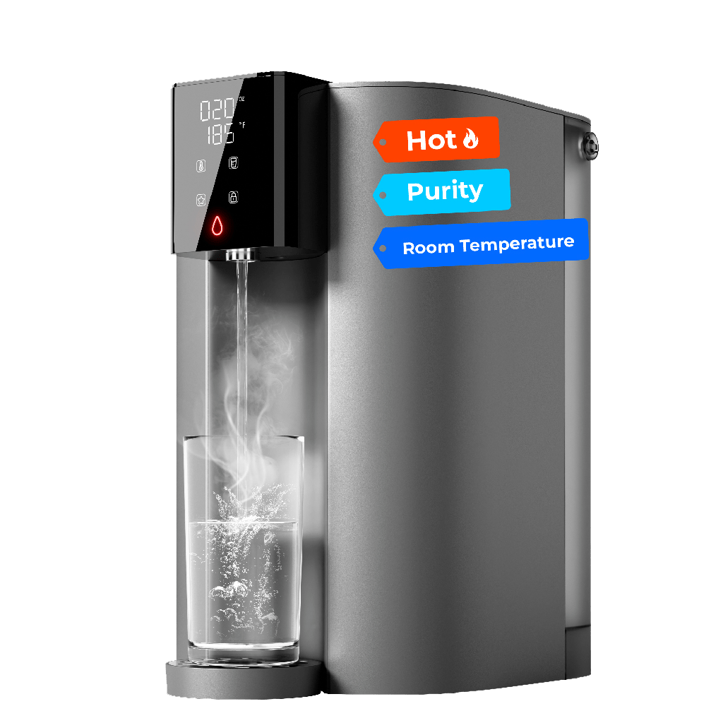 Grey instant hot reverse osmosis water purifier front view with control panel and indicators