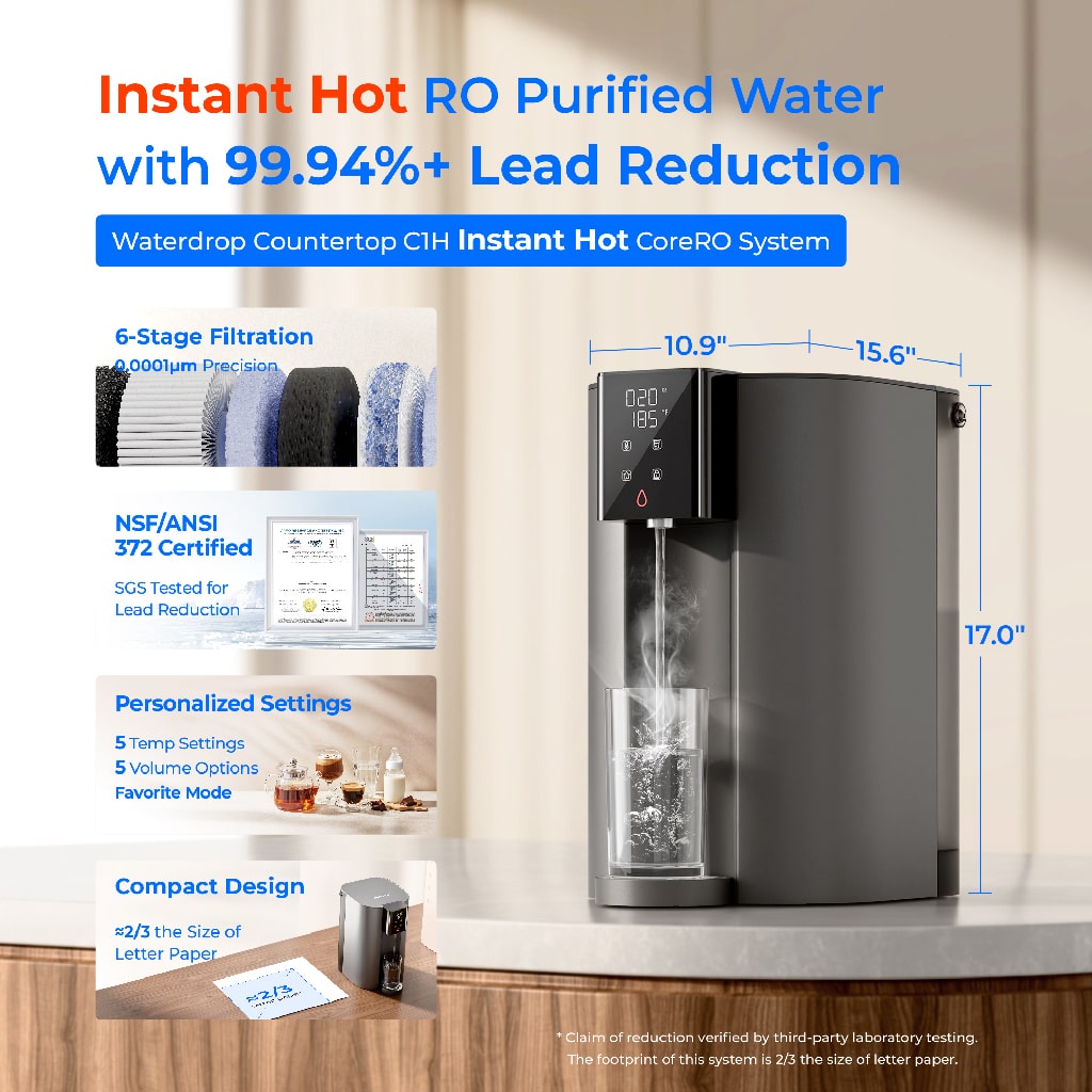 Grey countertop instant hot reverse osmosis water purifier with front touchscreen display