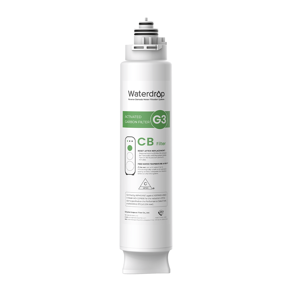 Waterdrop G3 CB filter cartridge with threaded top, activated carbon filter label