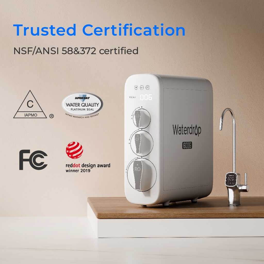 Reverse osmosis system unit with chrome faucet; front digital screen and RO labels