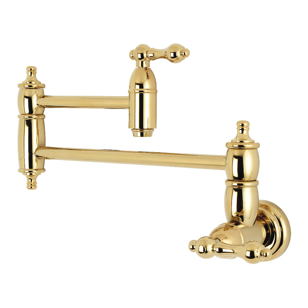 Wall-mount pot filler faucet in polished brass with two arm spouts