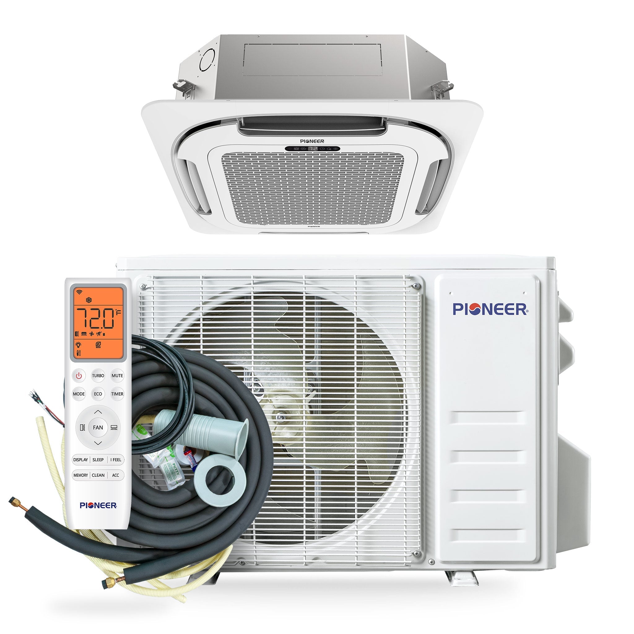 Ceiling cassette mini-split kit with outdoor unit, remote, and bundled cables/lines