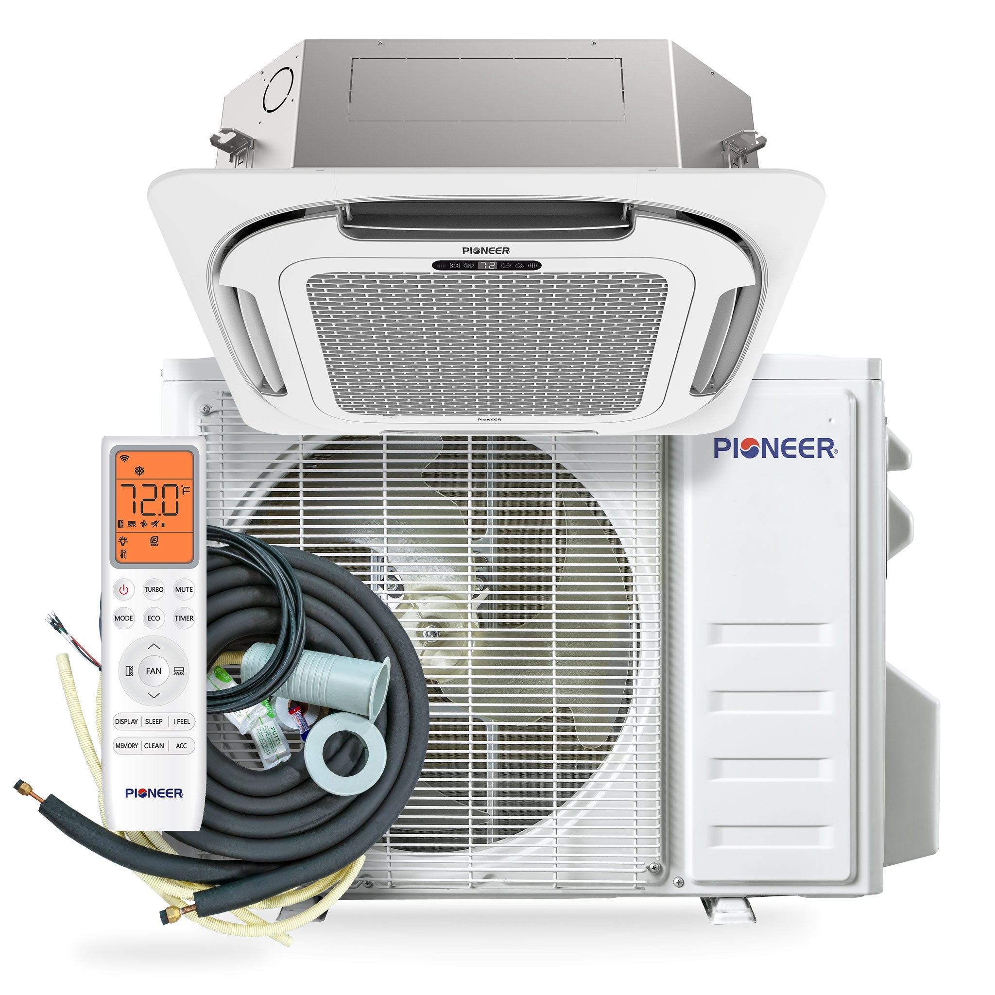 Ceiling cassette ductless mini-split air conditioner with bundled installation tubing and wiring