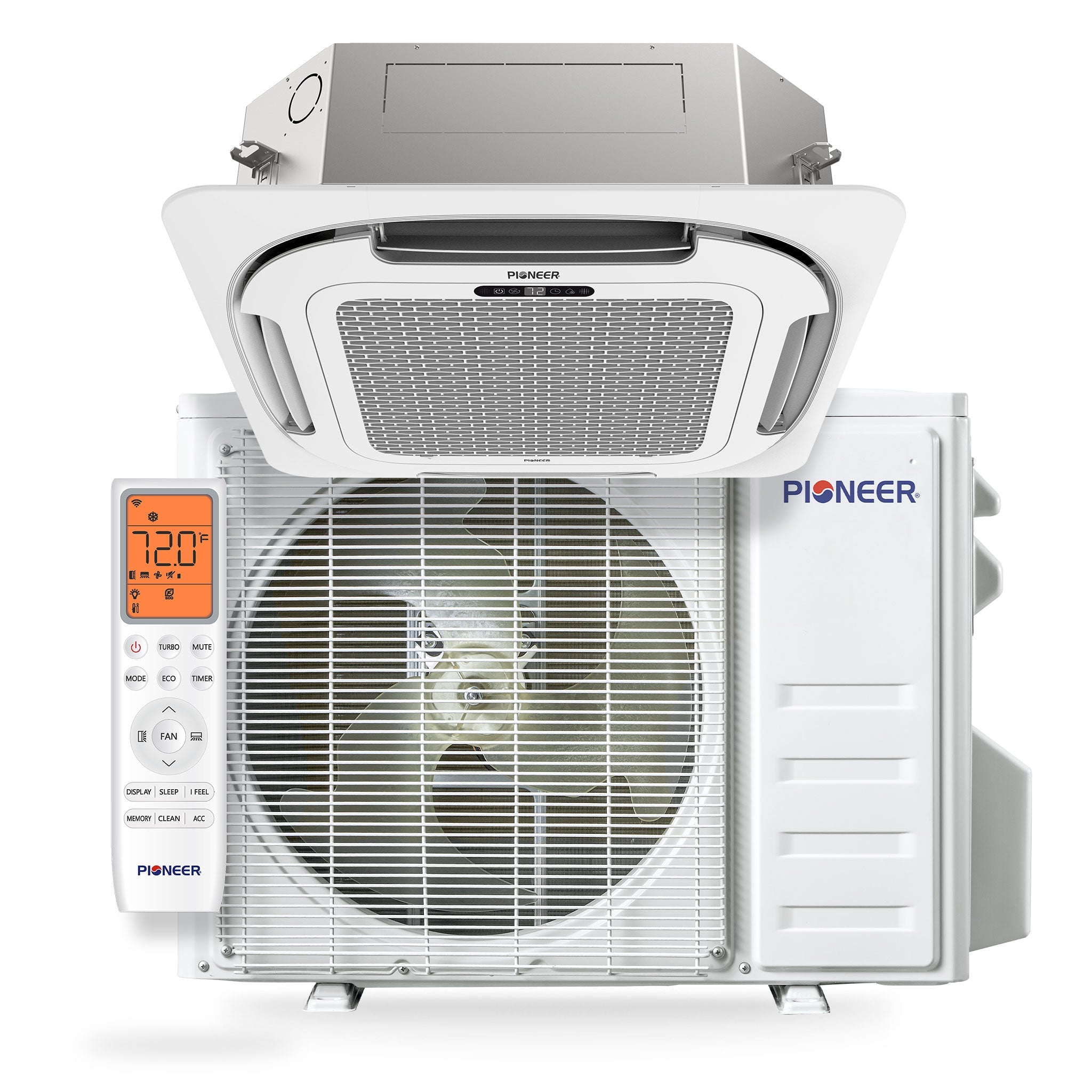Ceiling cassette ductless mini-split air conditioner with front grille and indoor unit housing