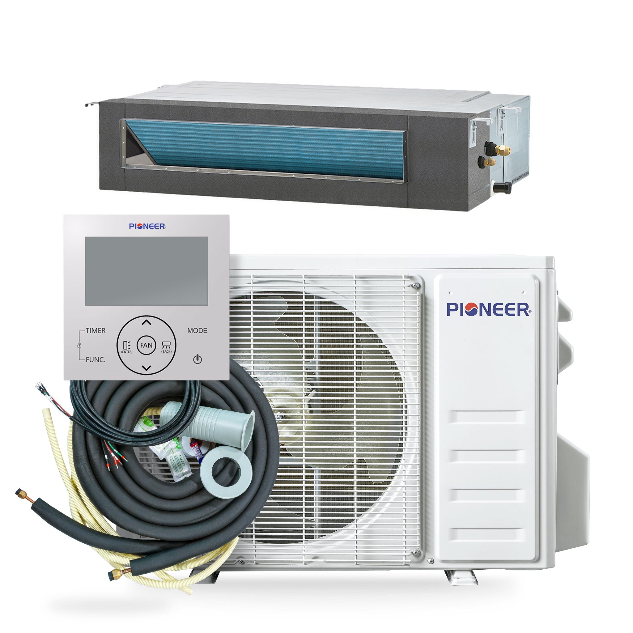 White ducted mini-split outdoor unit with coiled tubing and wire harness