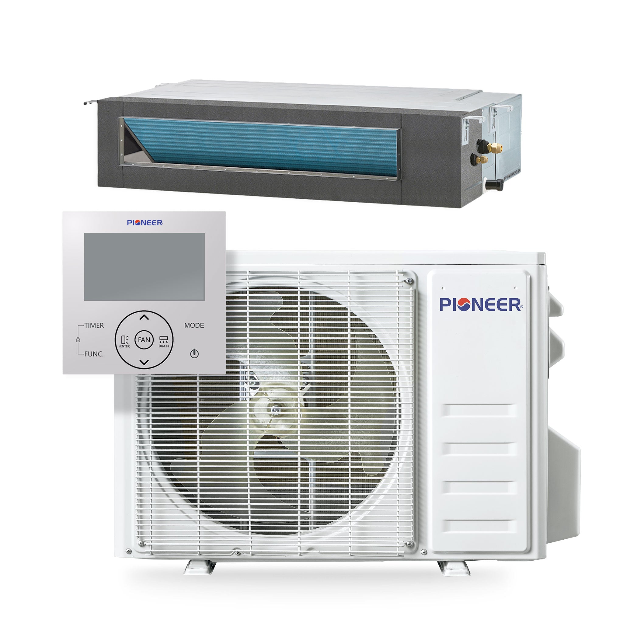 White ducted mini-split outdoor condenser with front fan grille and side casing