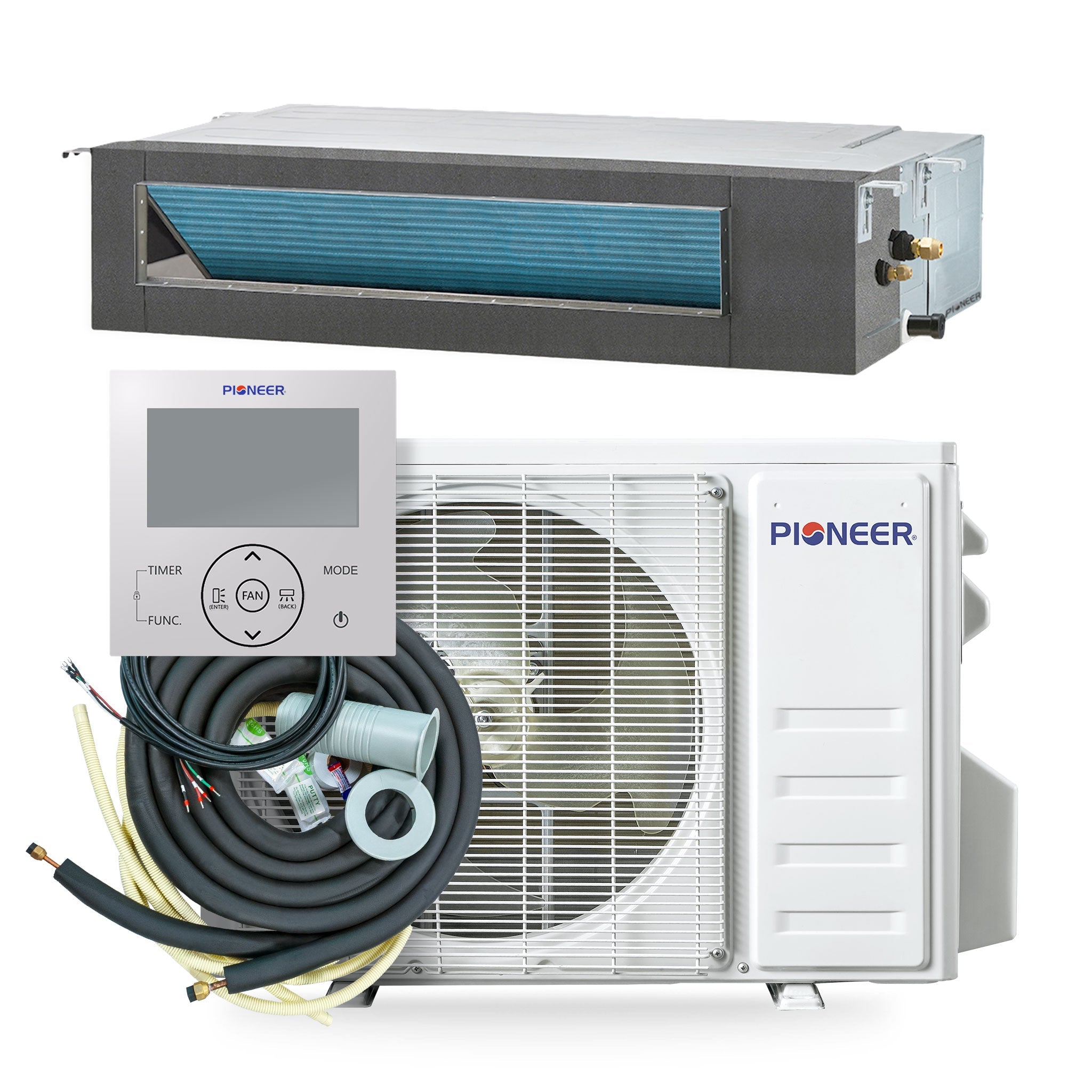 Concealed ducted mini-split air conditioner full set with outdoor unit, indoor duct, coiled lineset