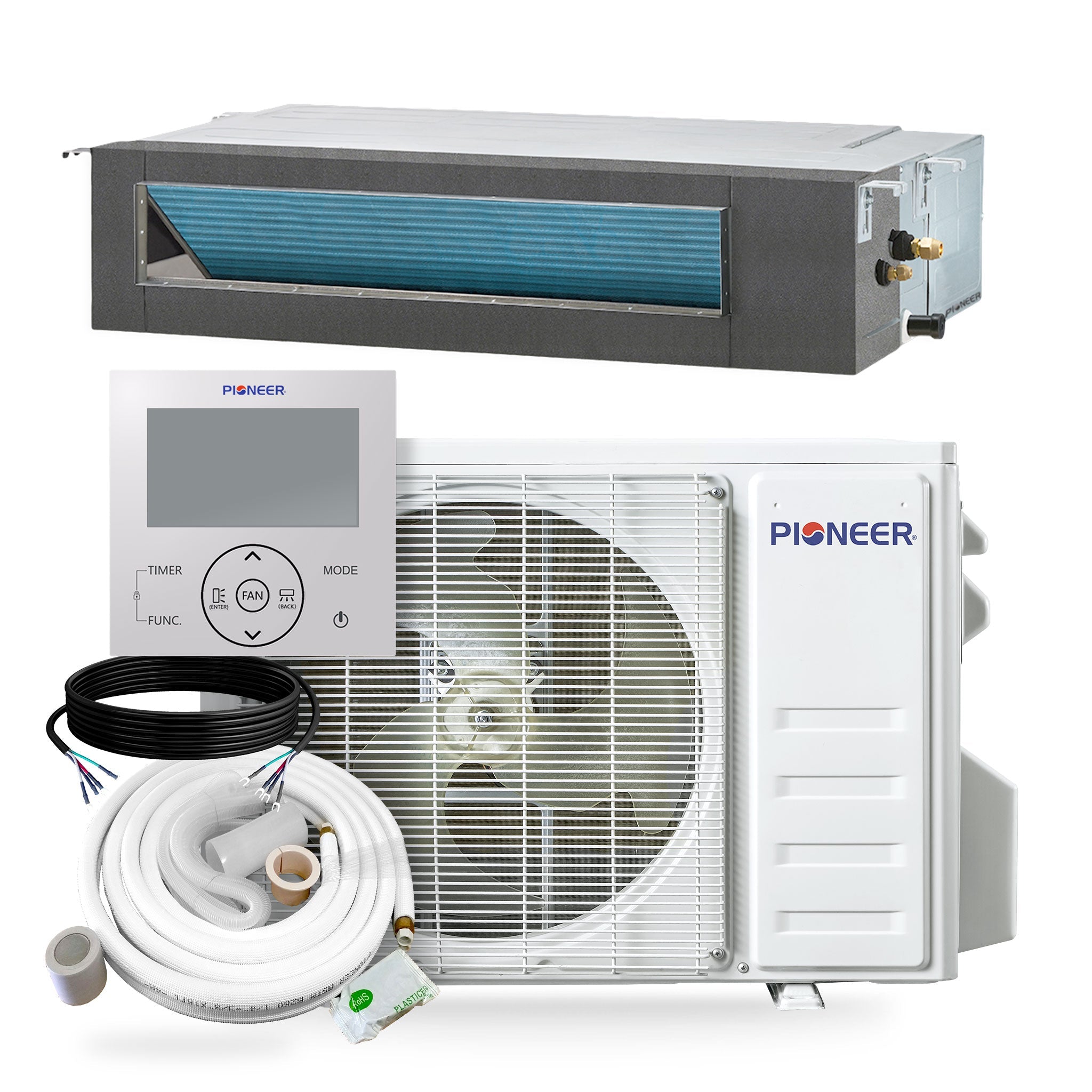 Ceiling concealed ducted mini-split air conditioner set with remote and outdoor condenser