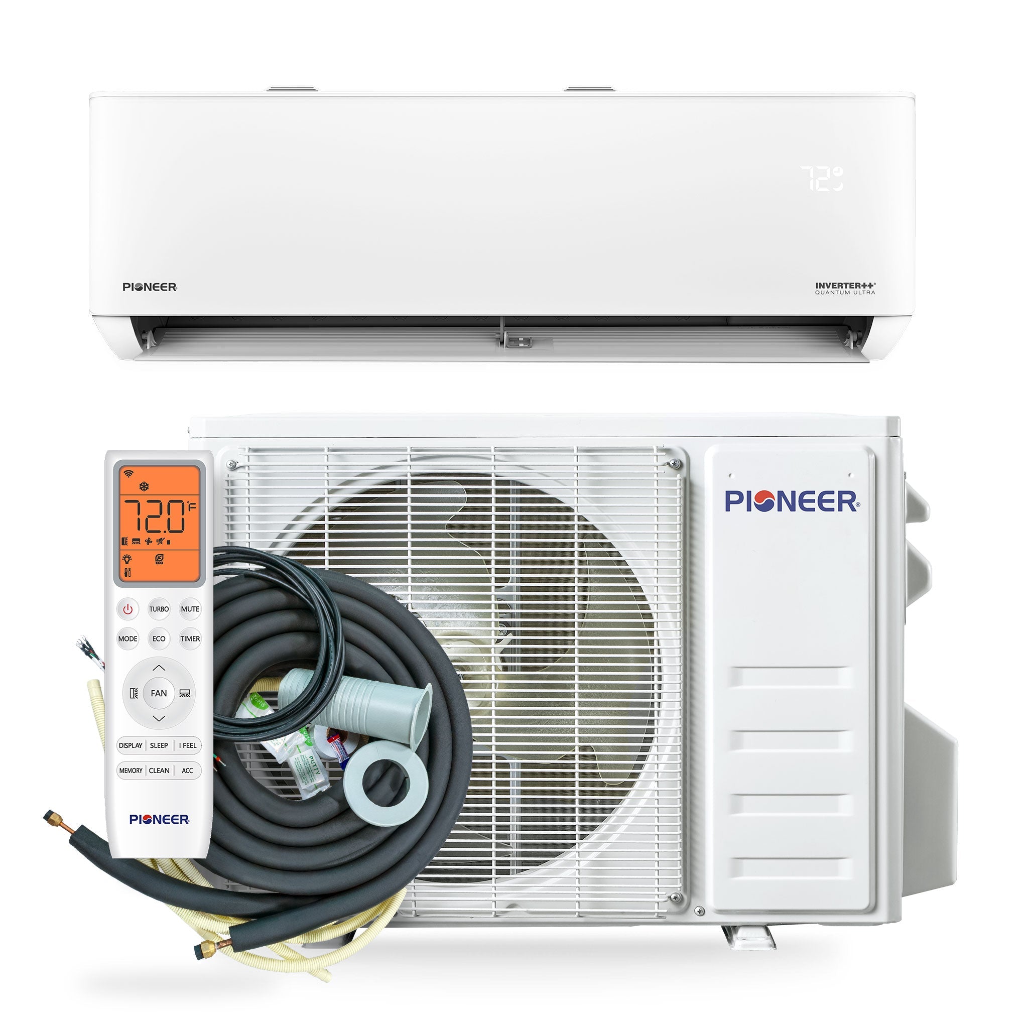 Ductless mini-split air conditioner full set with indoor unit, outdoor unit, and bundled lineset