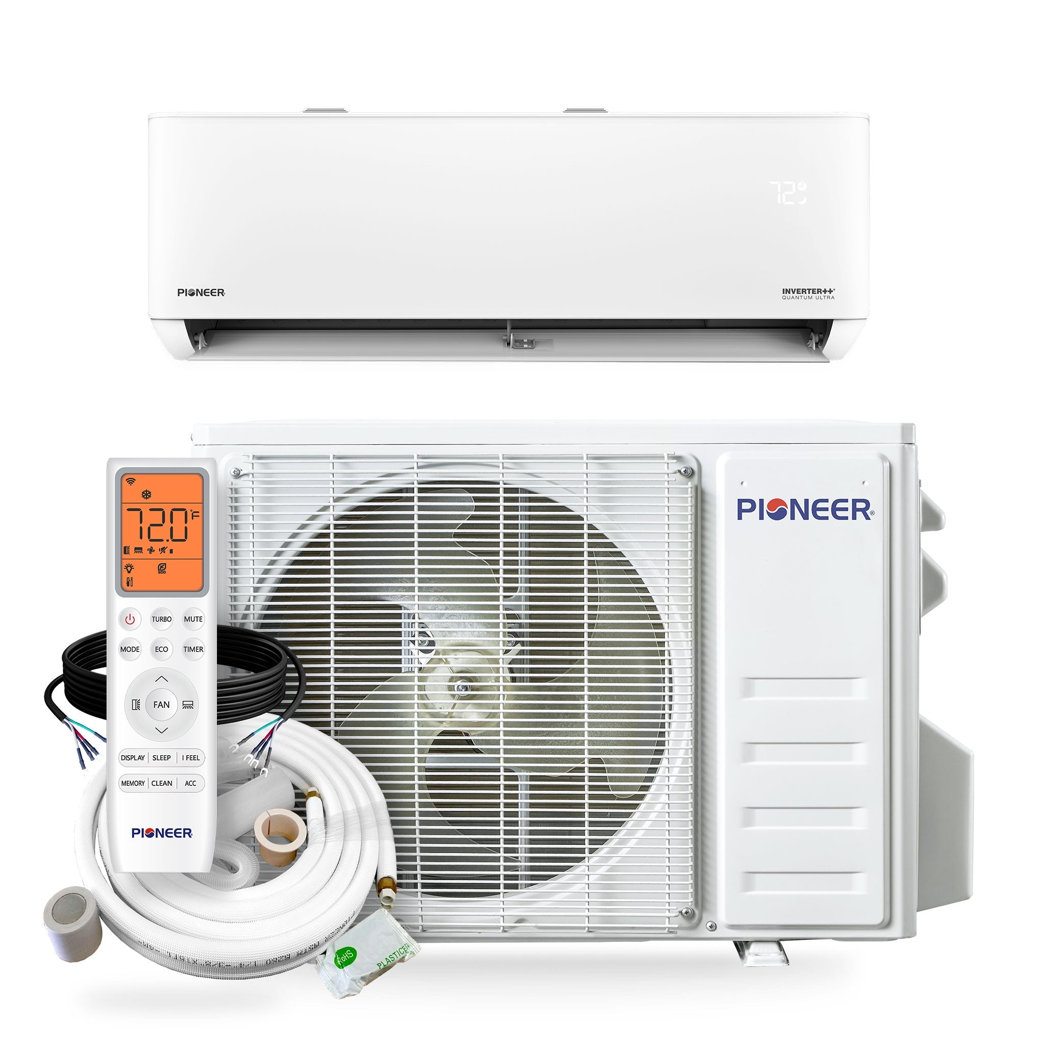 White ductless mini-split air conditioner indoor and outdoor units with wall remote