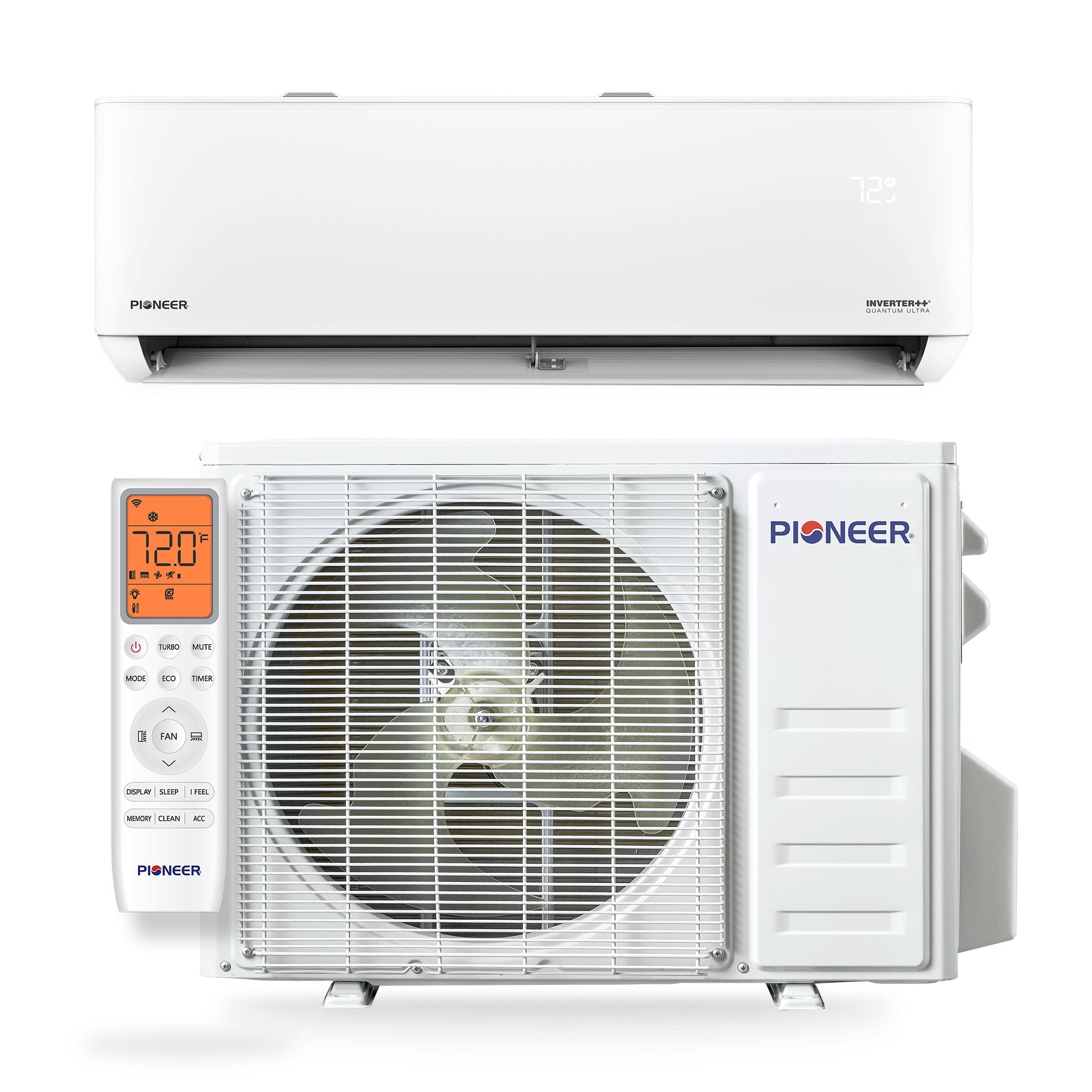 Ductless mini-split air conditioner full set with indoor unit, outdoor unit, and remote