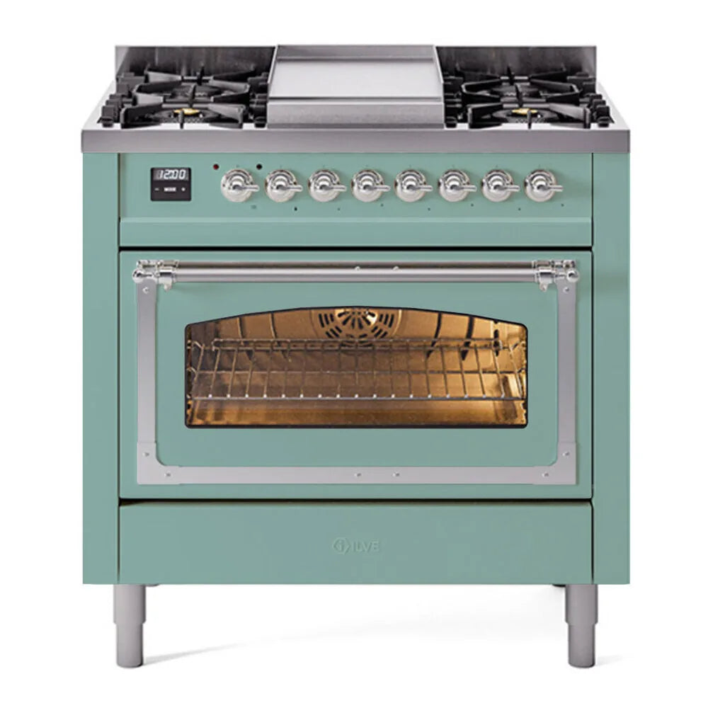 ILVE Nostalgie II Noblesse 36-Inch 3.5 Cu. Ft. Propane Gas Dual Fuel Range with 6 Burners, Griddle and Triple Glass Door in Mediterranean Mint with Chrome Trim, front view