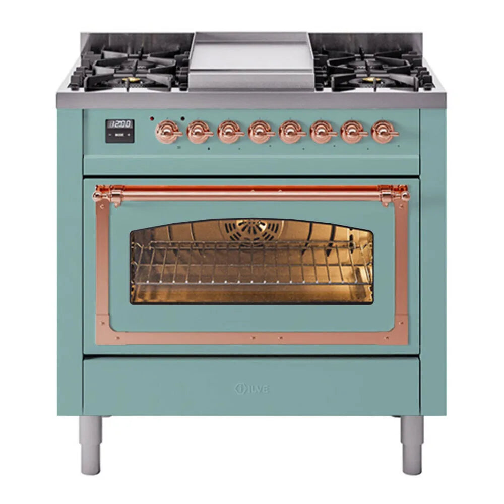 ILVE Nostalgie II Noblesse 36-Inch 3.5 Cu. Ft. Propane Gas Dual Fuel Range with 6 Burners, Griddle and Triple Glass Door in Mediterranean Mint with Copper Trim, front view