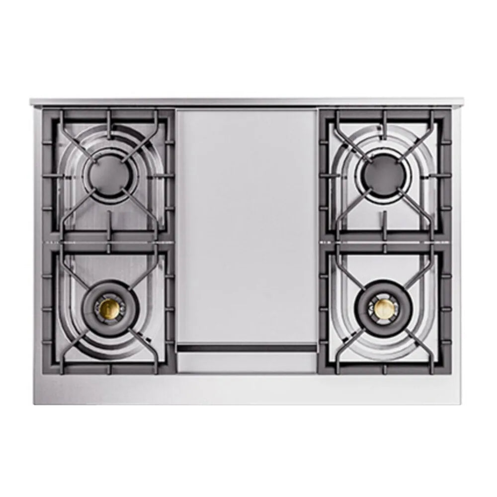 ILVE Nostalgie II Noblesse 36-Inch 3.5 Cu. Ft. Natural Gas Dual Fuel Range with 6 Burners, Griddle and Solid Door in Mediterranean Mint with Copper Trim, detail view