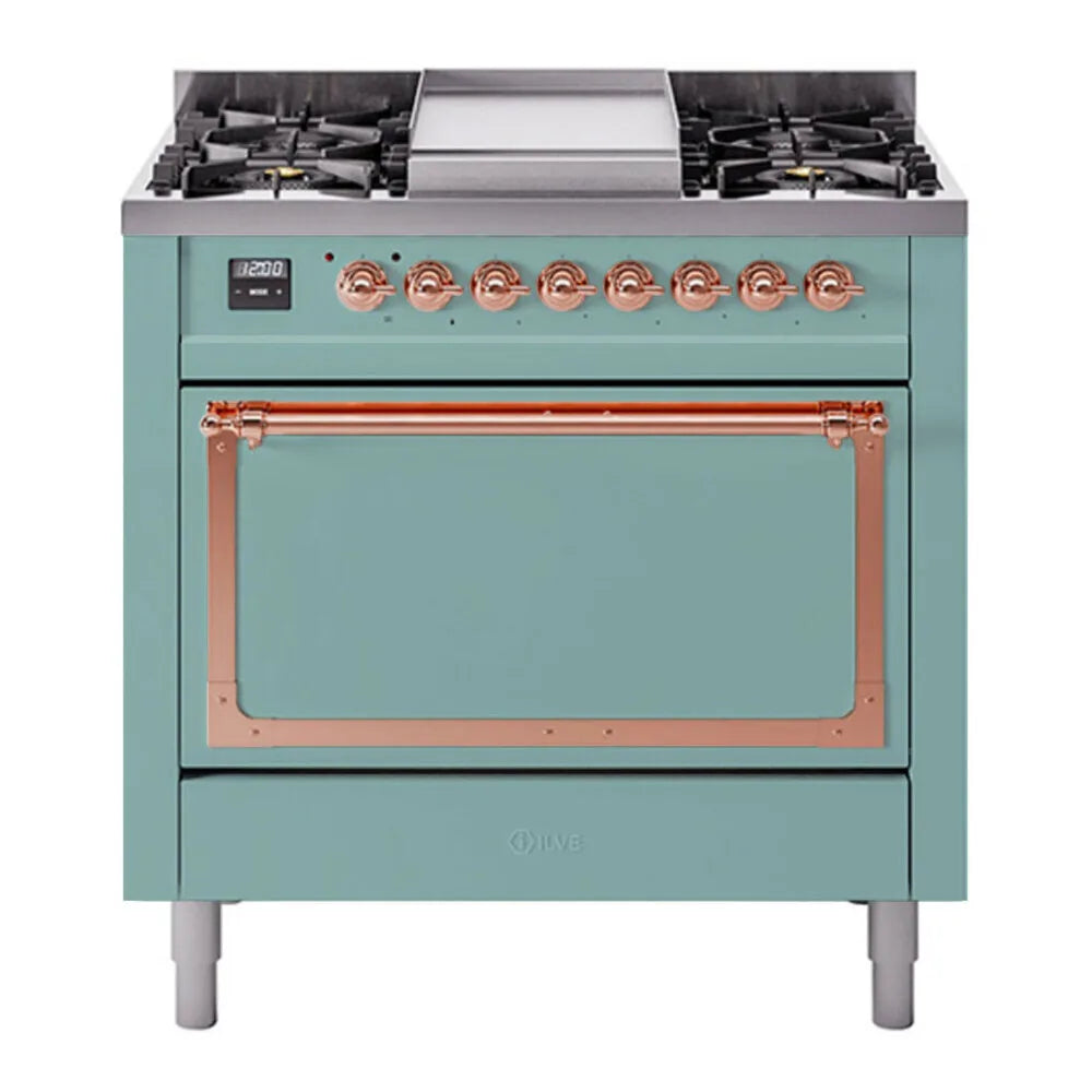 ILVE Nostalgie II Noblesse 36-Inch 3.5 Cu. Ft. Propane Gas Dual Fuel Range with 6 Burners, Griddle and Solid Door in Mediterranean Mint with Copper Trim, front view